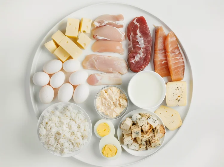 A plate of light-colored food that lowers the risk of staining after teeth whitening, such as unmarinated chicken, eggs, white rice, salmon, and cheese.