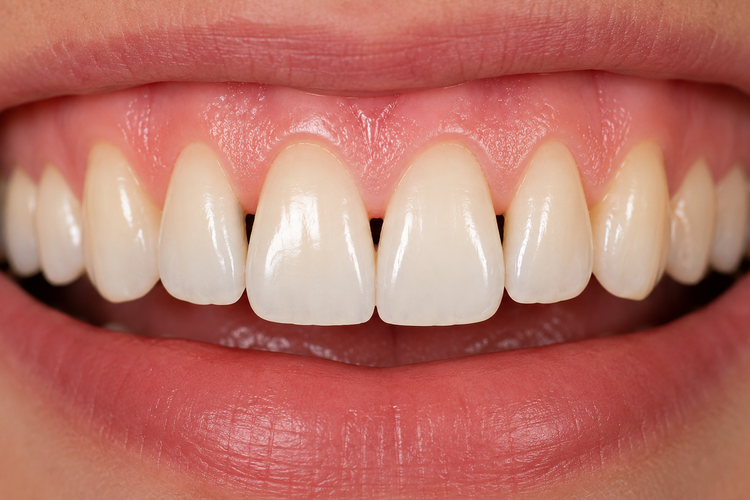 Black triangle gaps between the upper front teeth just below the contact points.