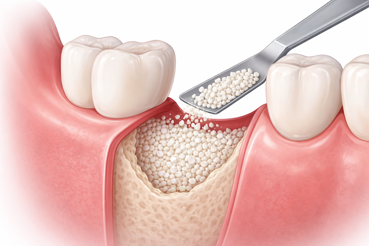 Illustration of bone graft material being placed into a jawbone defect.