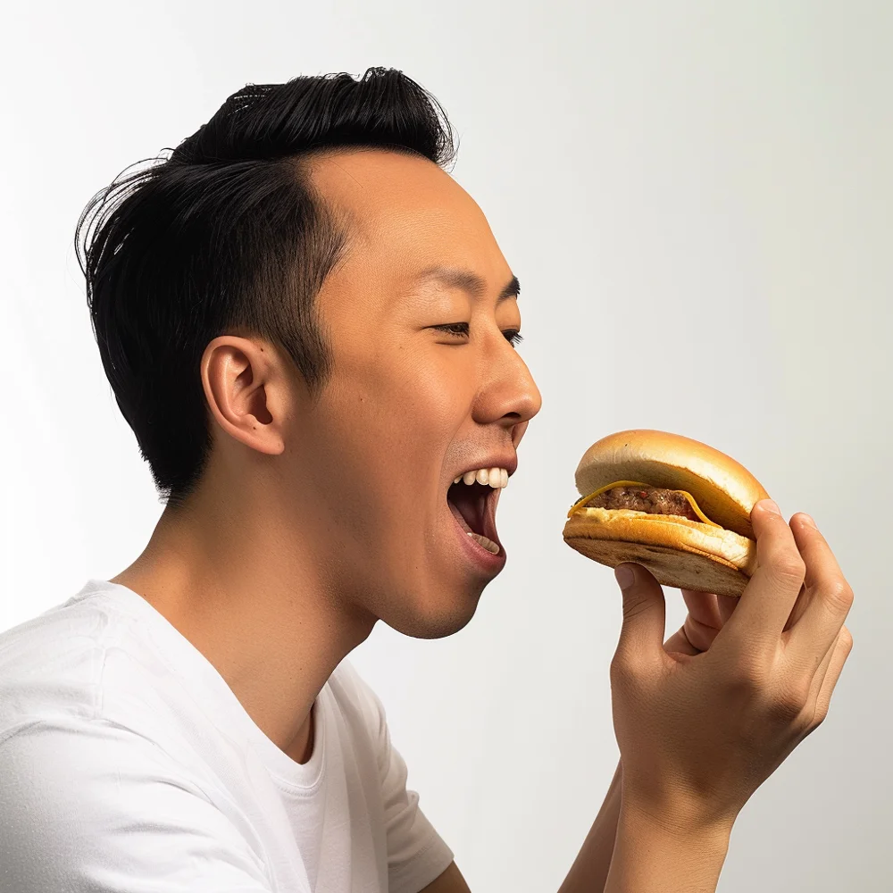 Cheerful young asian man able to chew normally after getting a dental implant.