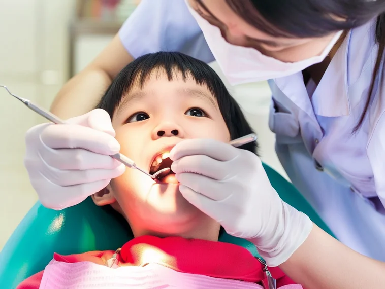 Child getting dental checkup in a calm, child-friendly clinic showing True Dental Studio’s approach.