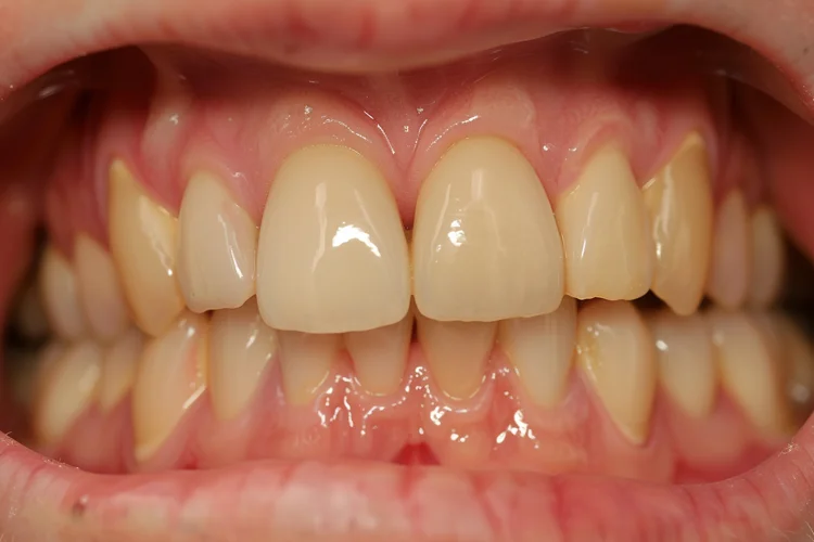 Close-up photo of a person with an overbite, affecting their ability to eat, speak, and maintain a positive self-image.