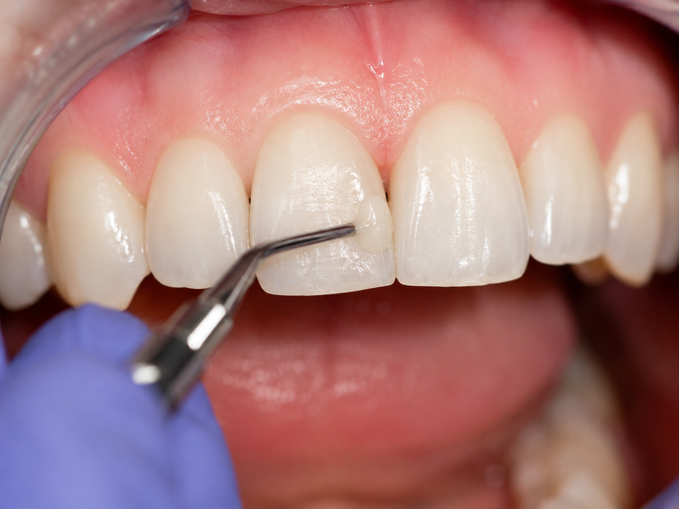 Dental bonding resin applied to a front tooth to close a black triangle gap.