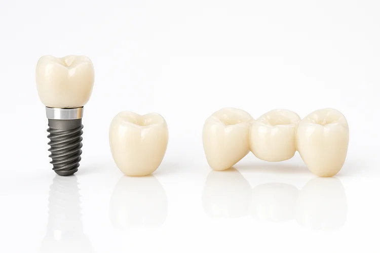 Dental implant crown and bridge model on white background showing components of tooth replacement.