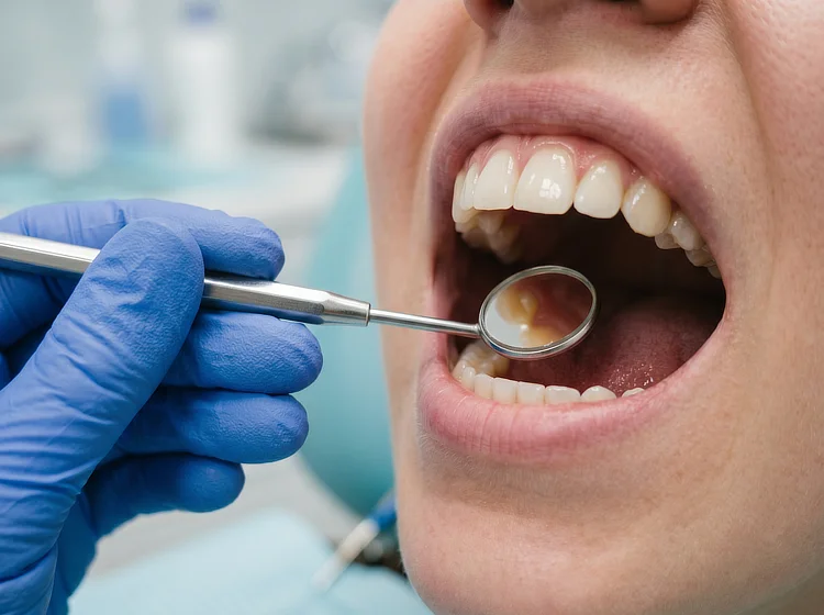Dentist in blue gloves examining a patient's lower teeth with a dental mirror.