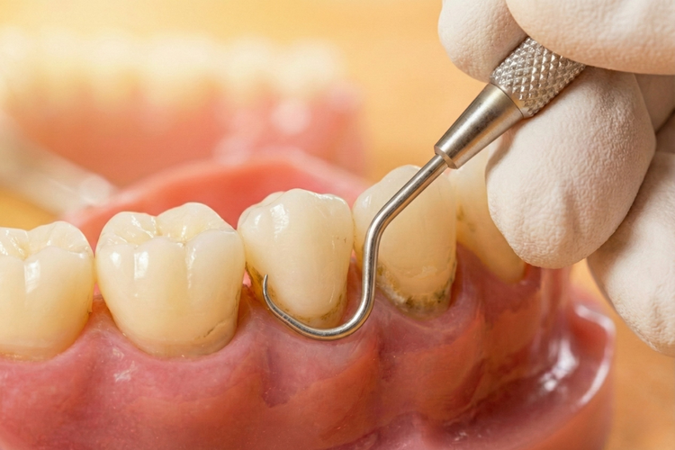 Dental scaler used on teeth model to demonstrate root planing procedure.