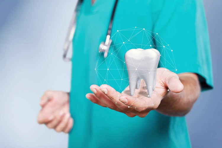Dentist with a 3D-illustrated tooth in his hand.