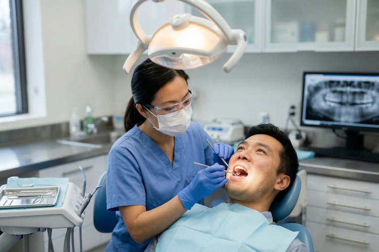 Dentist examining a male patient’s teeth during a routine dental check-up.