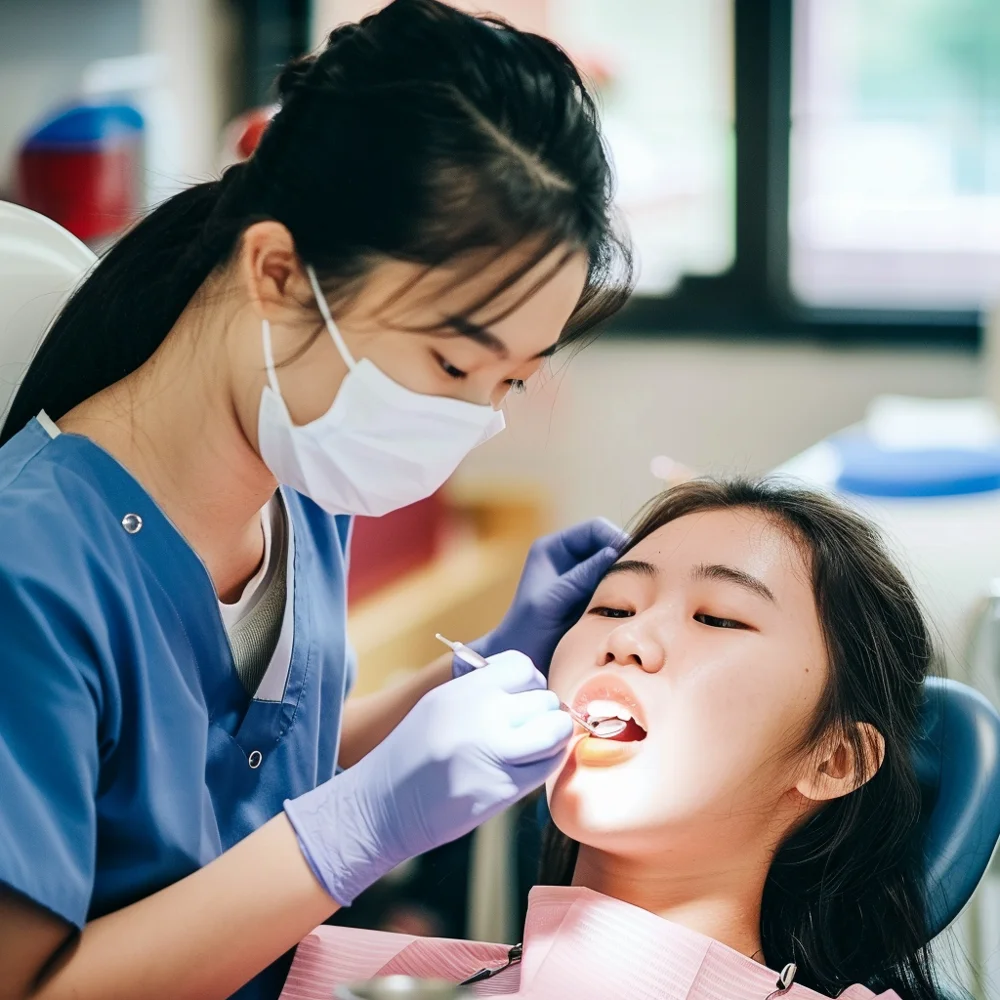Dentist examining young asian woman teeth for causes of persistent toothache.