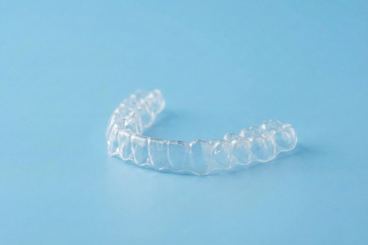 Clear Invisalign aligner displayed on a blue background for teeth gap treatment.