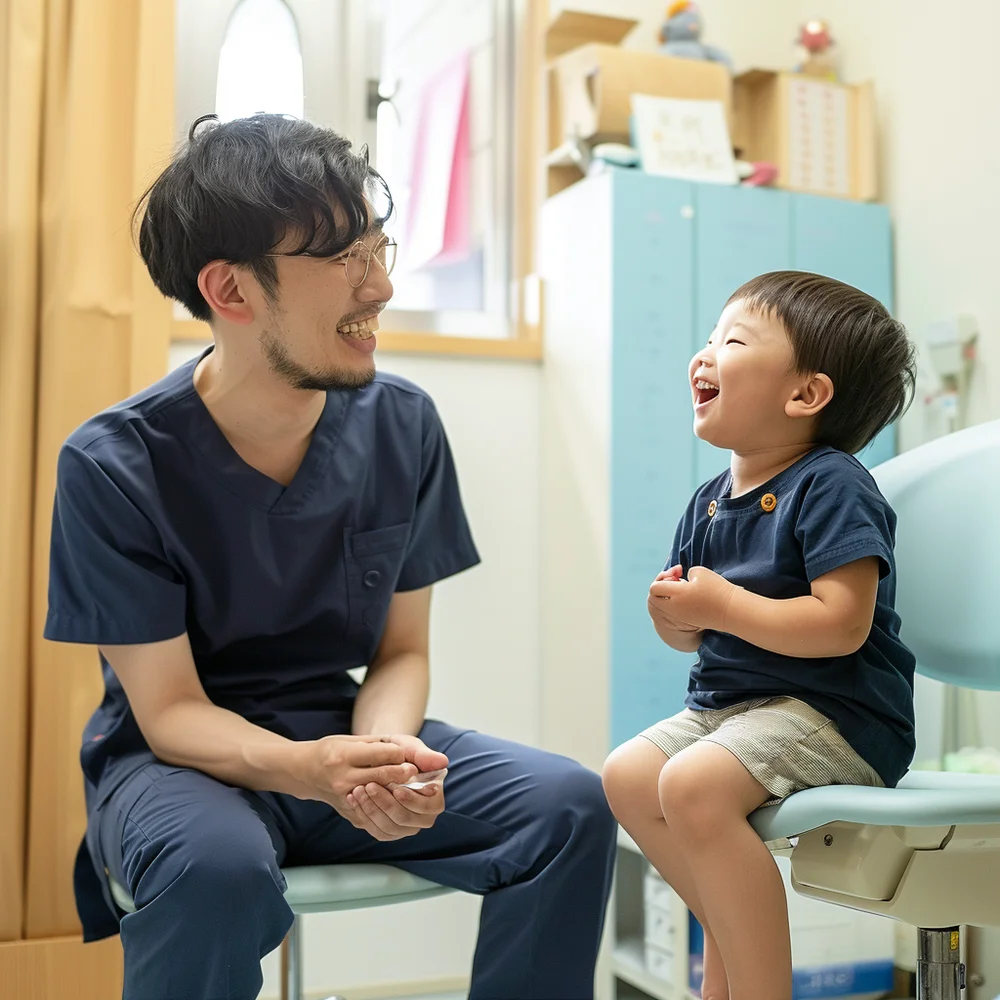 Dentist smiling and talking to young child, showing comfortable kids dental care in Singapore.