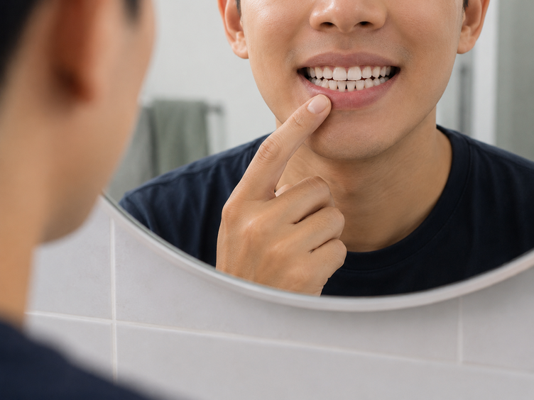 Man checking his front teeth and gums for black triangles in a mirror.