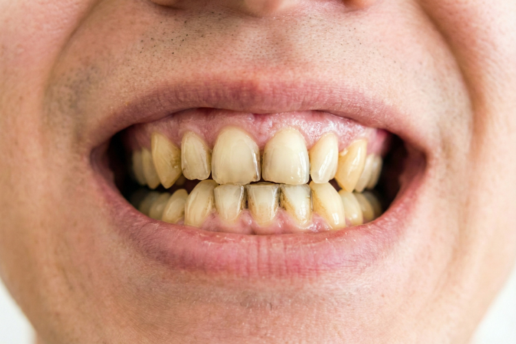 Close-up of teeth with visible yellow and brown stains from food and tobacco use.