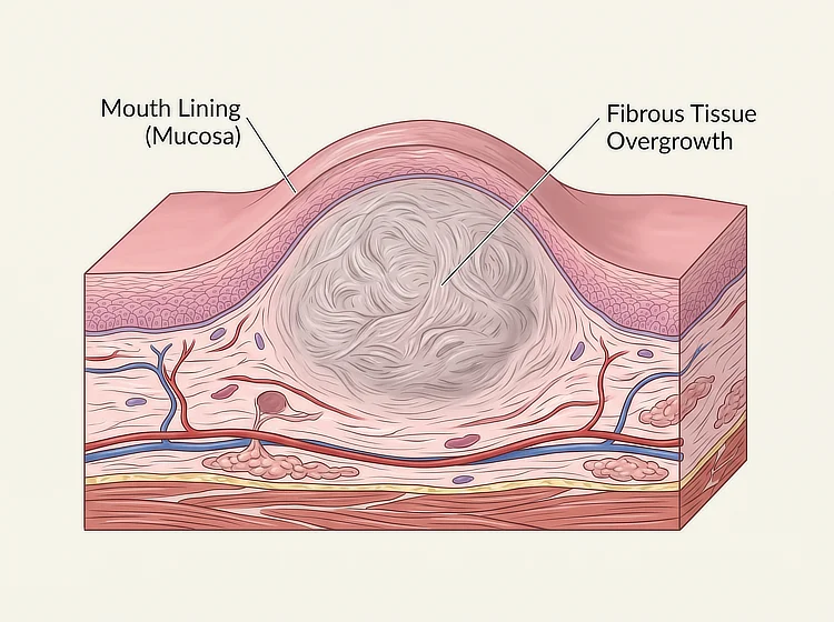 Cross-section diagram showing a fibrous lump beneath the mouth lining.