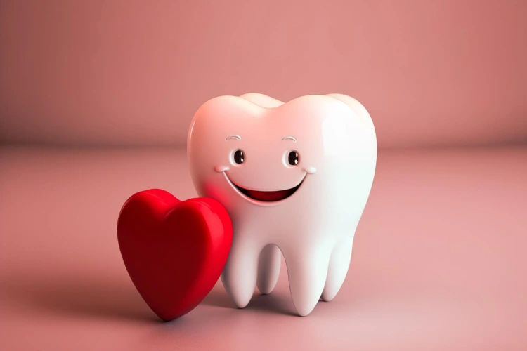 Cartoon illustration of a smiling tooth with a strong and healthy heart.