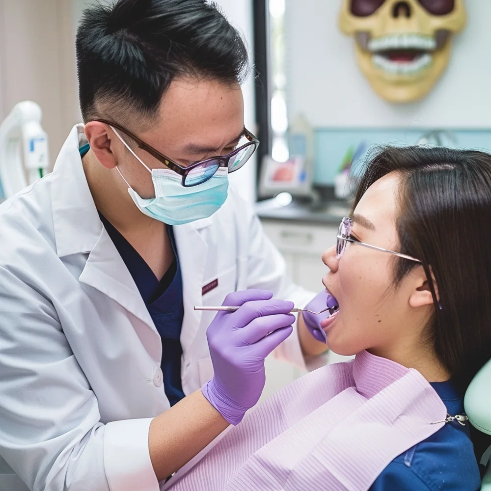 Professional cleaning of young asian womans teeth to maintain oral hygiene for her dental implants.