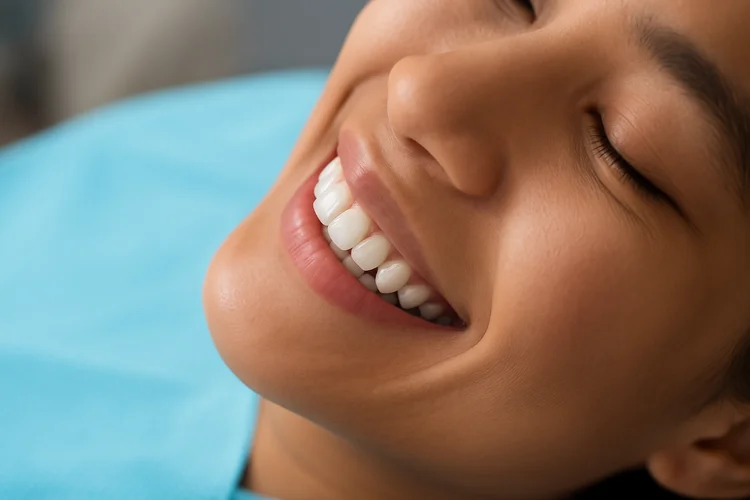 Relaxed young Singaporean female patient in dental chair showing no anxiety during dentist visit.