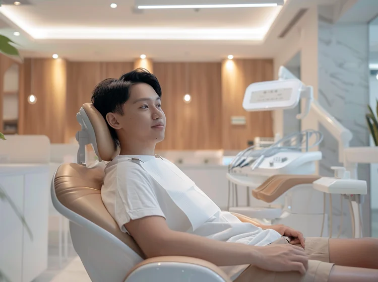 Relaxed Singaporean adult with special needs at the dental clinic for his regular dental check-up.