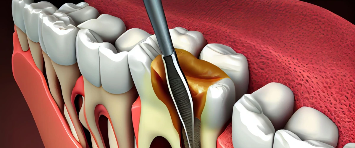 AI illustration of a root canal treatment cleanup procedure.