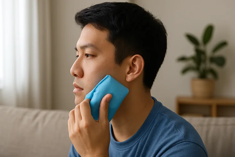 Young Singaporean man icing jaw after wisdom tooth surgery during early recovery to reduce swelling.