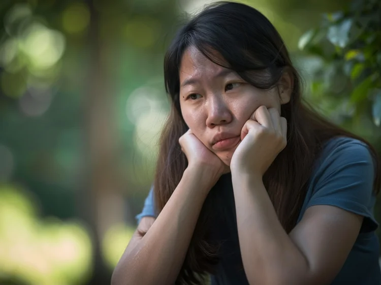 Singaporean woman experiencing social anxiety due to her overbite, which affects her self-esteem and confidence, impacting her interpersonal interactions and relationships.