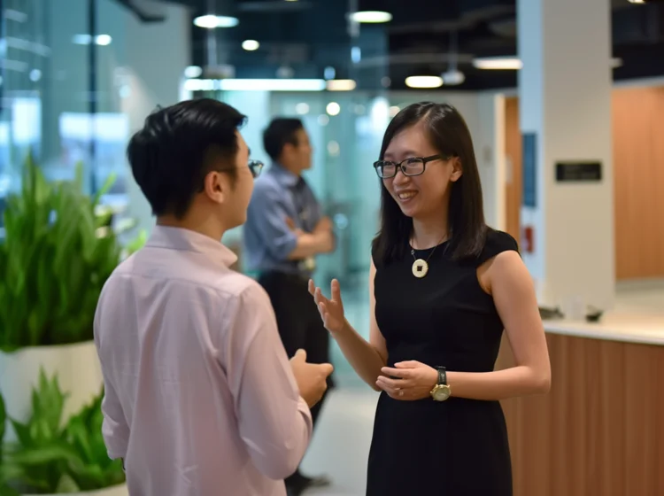 Singaporean woman wearing Invisalign confidently interacting in a business setting due to its discreet appearance.
