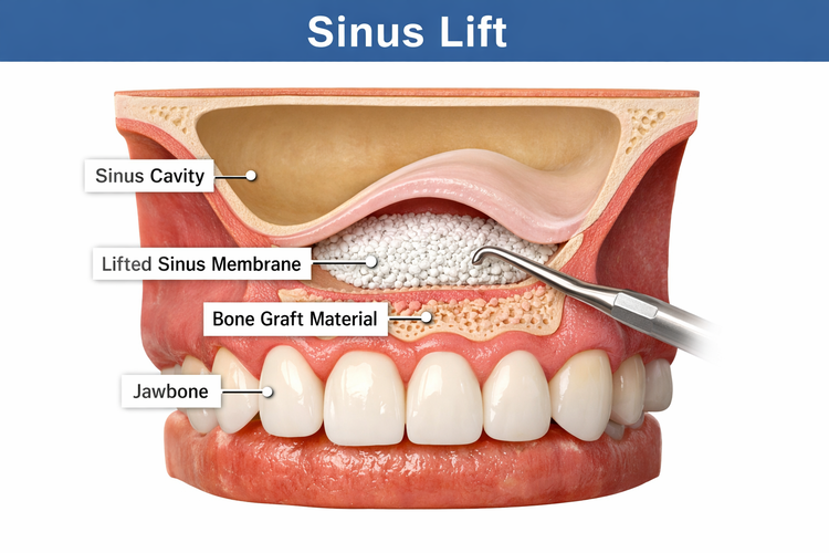 Illustration of a sinus lift with sinus membrane raised and bone graft placed.