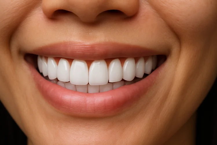 Smiling Asian woman showing teeth results after dental veneers treatment for cosmetic enhancement.