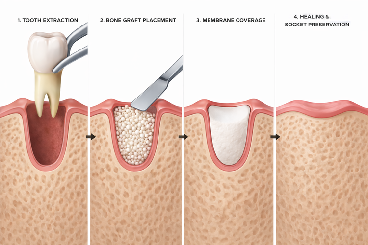 Illustration showing four steps of socket preservation after tooth extraction.