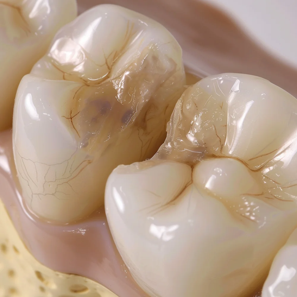 Teeth with exposed dentin causing tooth sensitivity when drinking cold water.