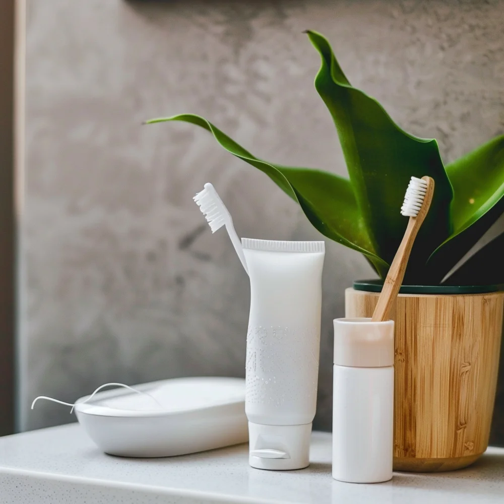 Toothbrush and floss used to maintain oral hygiene for dental implants.