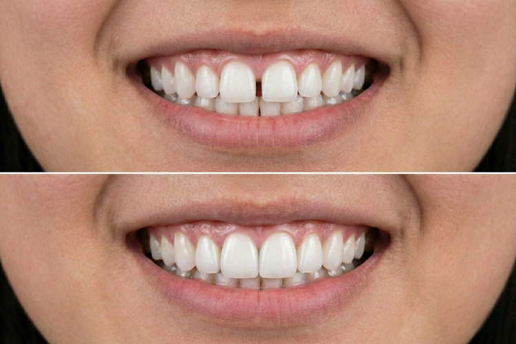 Before and after close-up of veneers used to improve tooth gaps and appearance.