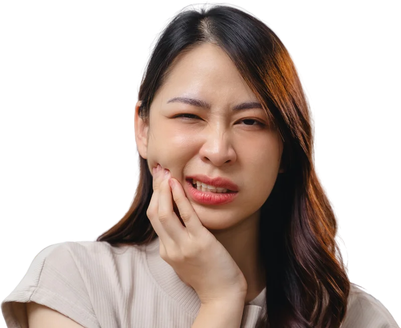 Woman feeling toothache in right jaw area.