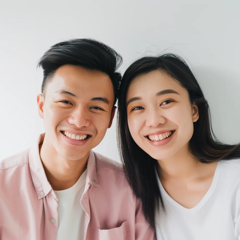 Young asian adults smiling widely after getting dental implants.