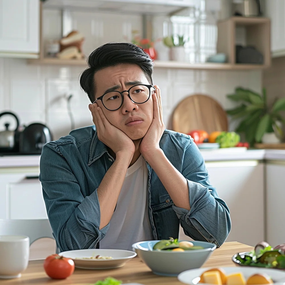 Young asian man contemplating consulting a dentist as unable to eat comfortably due to toothache.