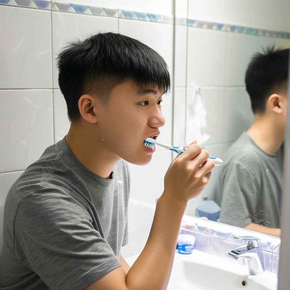 Young asian man gently brushing teeth gently around sore tooth to remove food particles and debris causing toothache-pain.