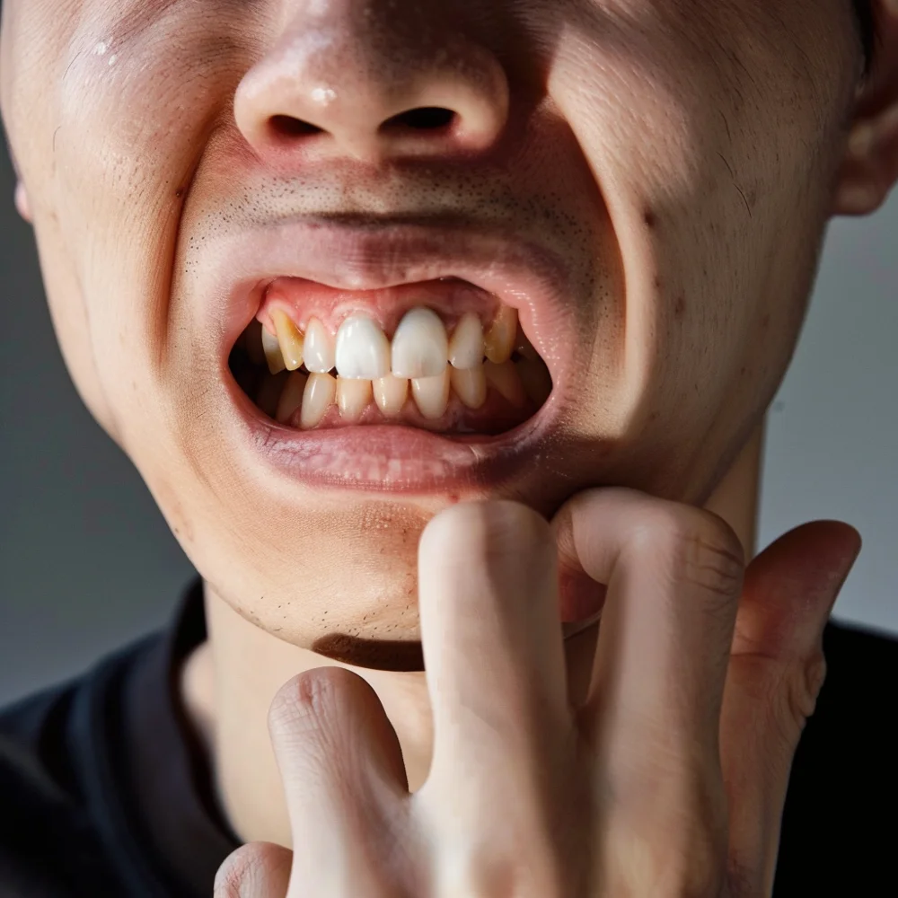 Young asian man wincing due to toothache pain.
