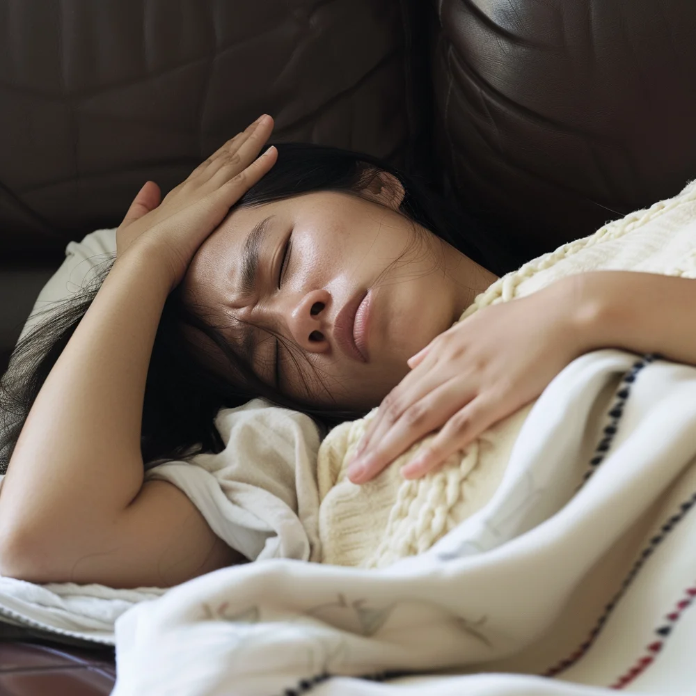 Young asian woman experiencing fever and swelling from an infection due to tooth decay.