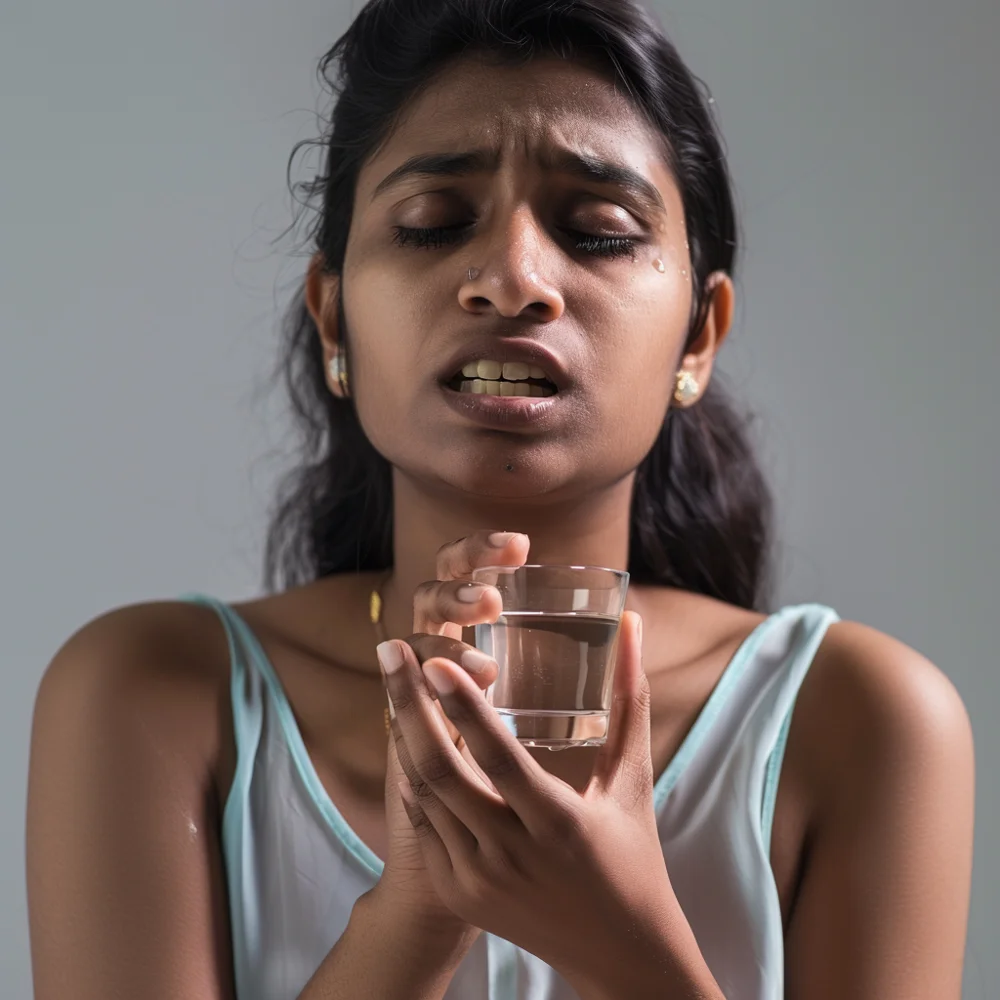 Young asian woman experiencing toothache from drinking cold water.