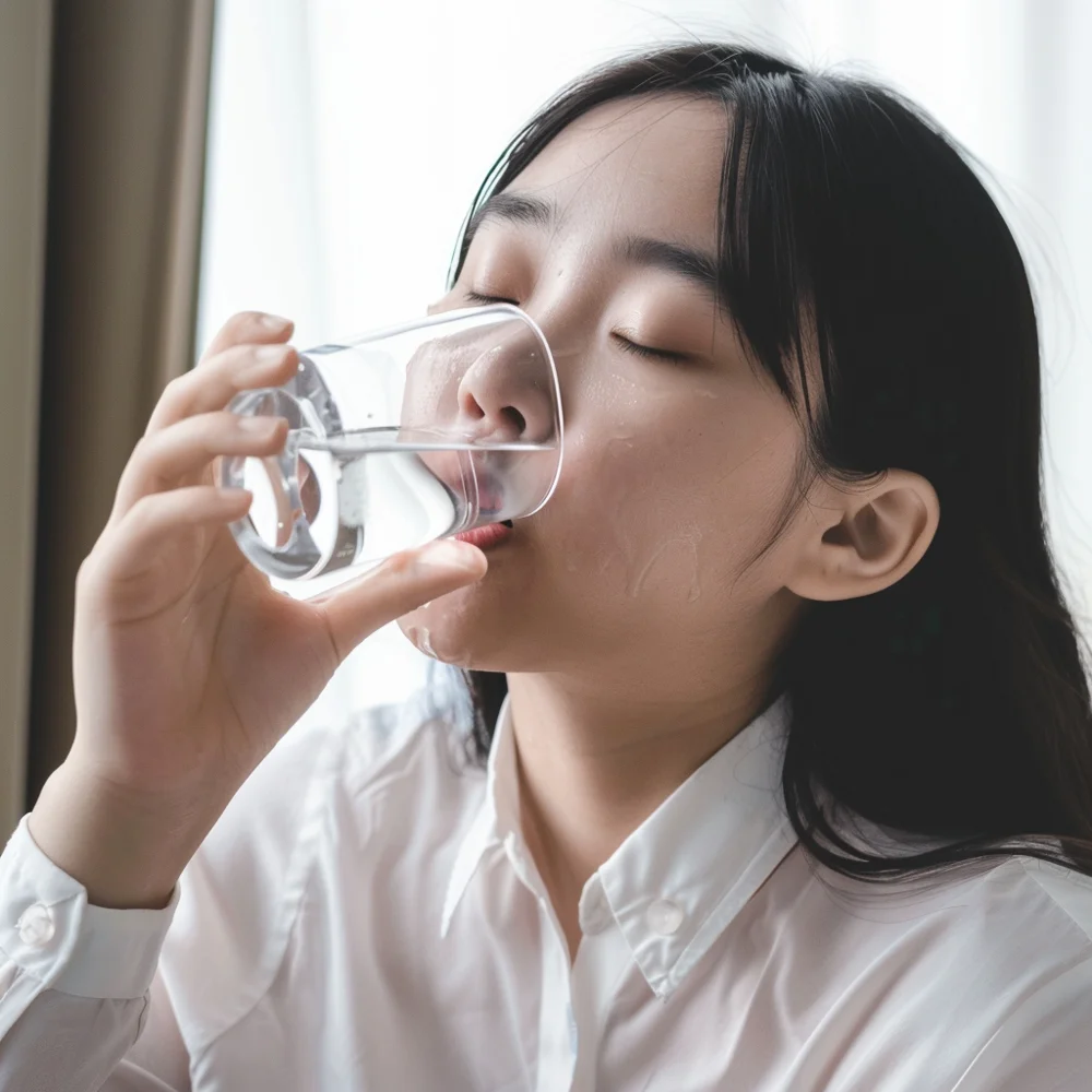Young asian woman gargling with salt water to stop toothache pain.