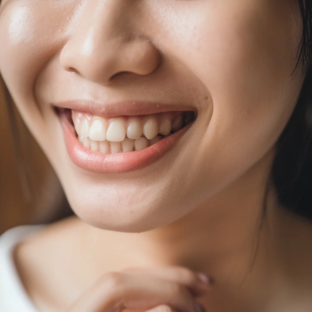 Young asian woman smiling and showing her dental implants.