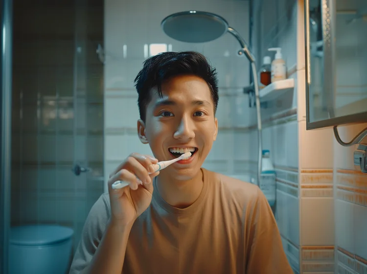 Young Singaporean man brushing his teeth gently in circular motions using a soft-bristled toothbrush to avoid enamel wear, which can increase susceptibility to discolouration.