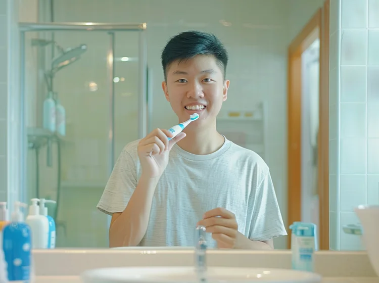 Young Singaporean man brushing his teeth, practicing good oral hygiene to prolong LED teeth whitening results.
