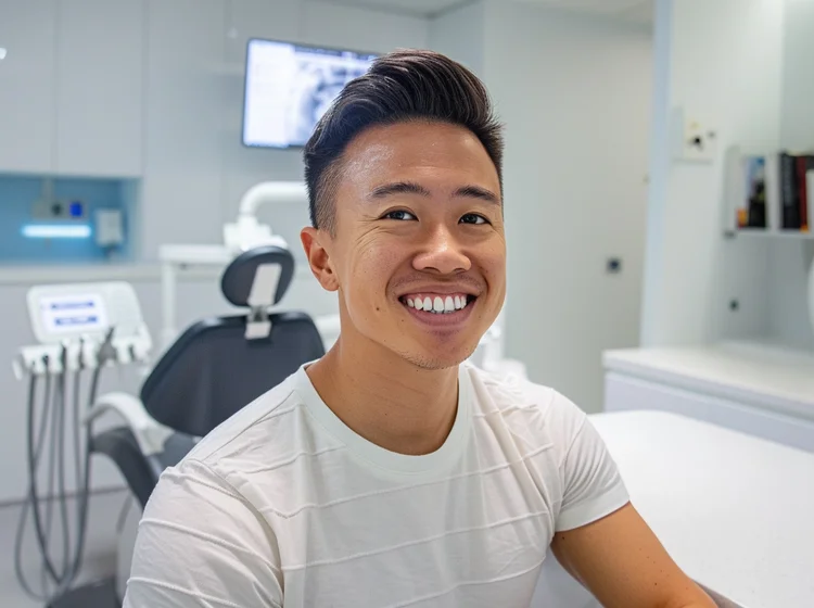 Young Singaporean man smiling brightly in a dental clinic that offers professional LED teeth whitening treatment.