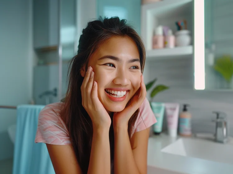 Young Singaporean woman elated at her gradually whitened teeth after using whitening toothpaste consistently over time.