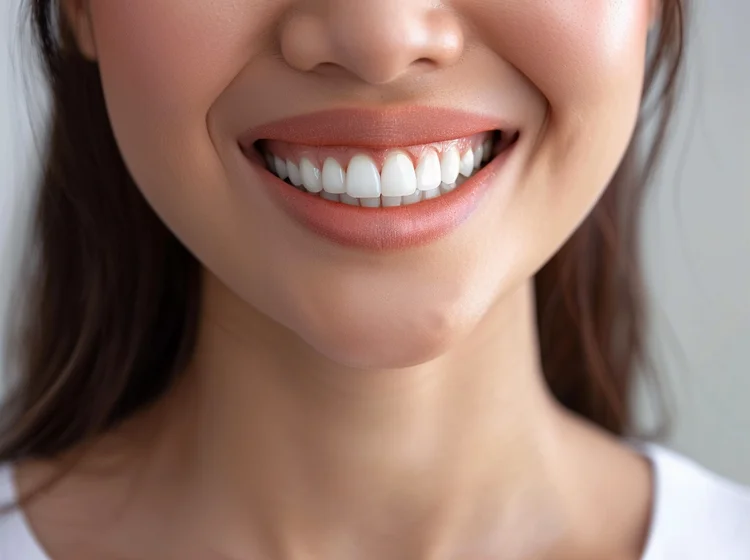 Young Singaporean woman smiling brightly after using teeth whitening trays from a dentist for professional teeth whitening.