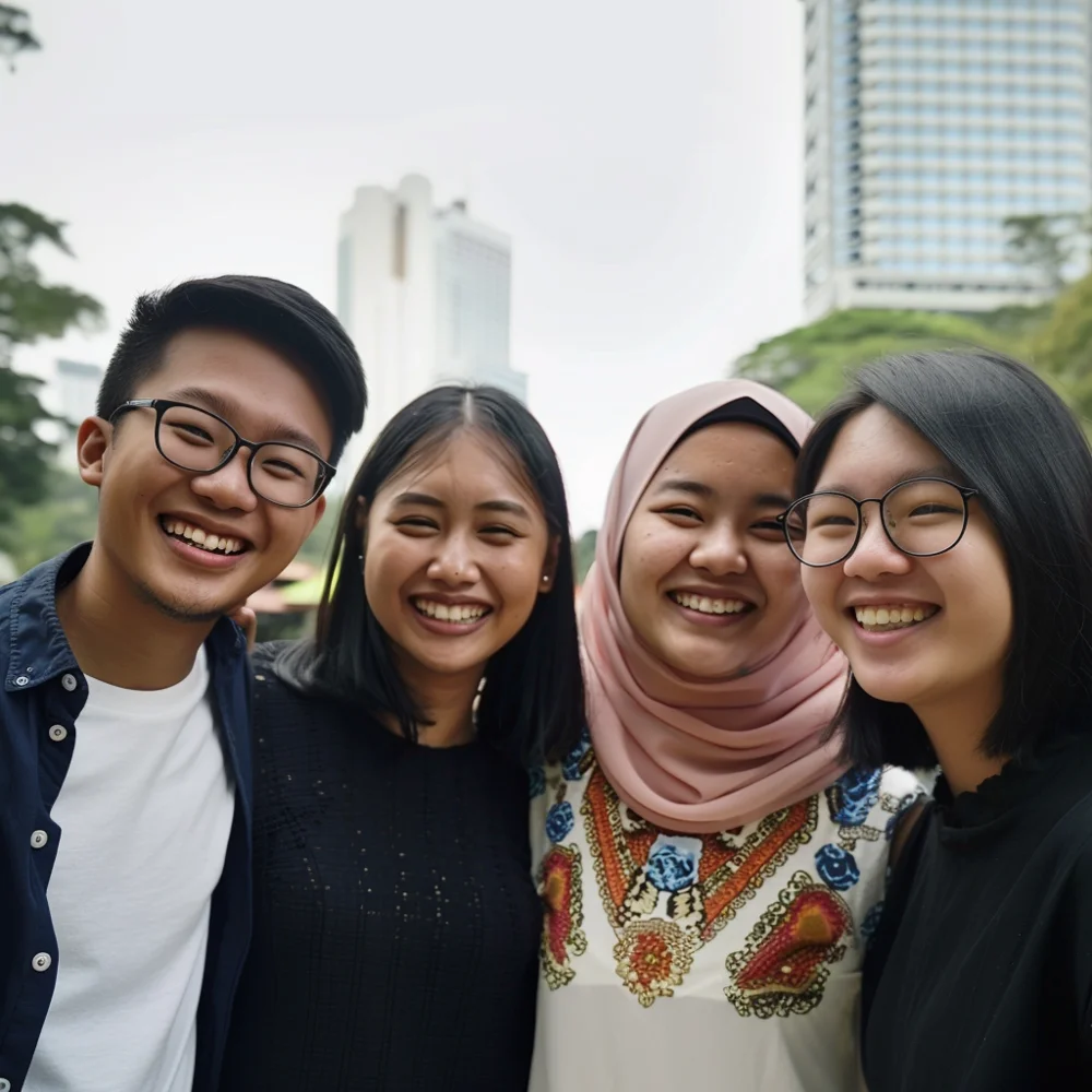 Young Singaporeans smiling widely and feeling confident about their teeth due to regular dental check-ups for scaling and polishing.